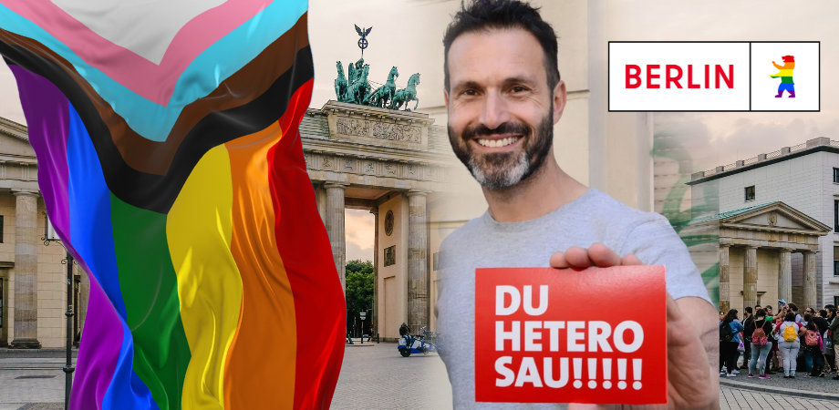 Queer-Beauftragter Alfonso Pantisano mit einer Postkarte in der Hand, auf der steht: &quot;DU HETERO SAU!&quot;
