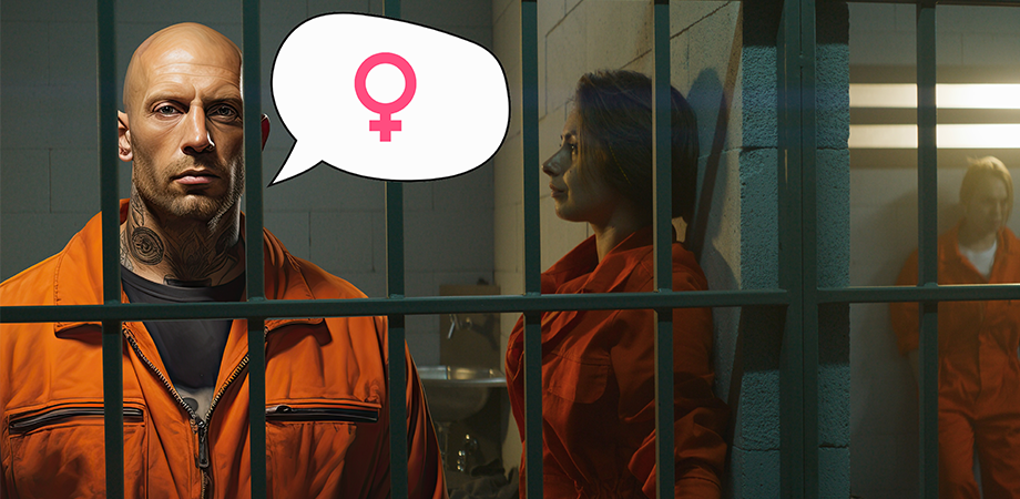 A picture of a man and a woman in orange prison attire, locked into a cell together.