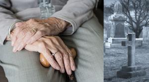 In the left part of the picture, an old lady with her hands crossed in her lap. In the right part, a gravestone.
